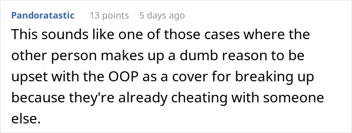 Comment text on a forum discussing a woman ending relationship due to boyfriend's passion for pastries.