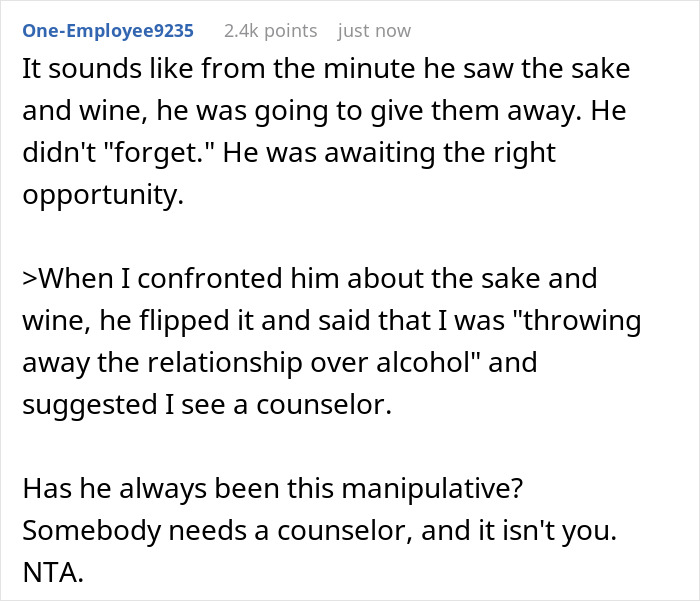 Screenshot of a Reddit comment discussing manipulative behavior involving wine brought as a souvenir from abroad. Screenshot of a Reddit comment discussing manipulative behavior involving wine brought as a souvenir from abroad.
