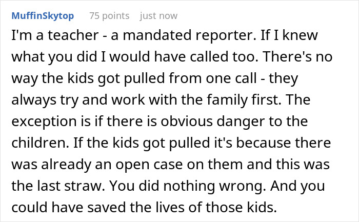 Comment discussing a teacher’s perspective on calling CPS about suspected child a***e and mandated reporter duties.