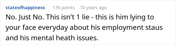 Screenshot of a Reddit comment discussing a boyfriend lying about his employment status and mental health issues.