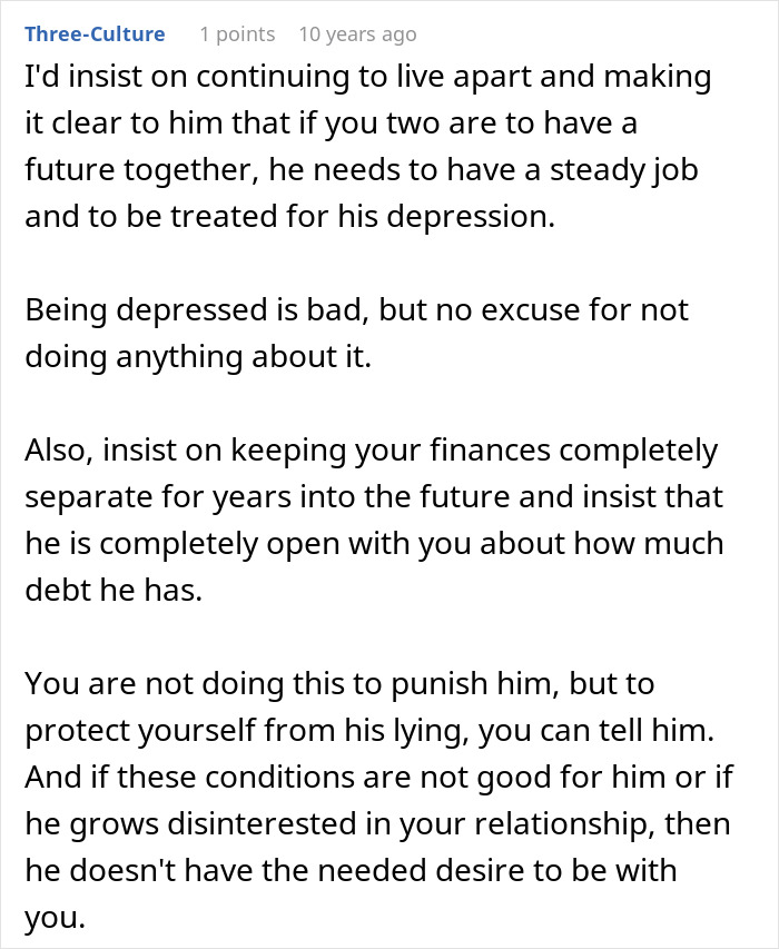 Commenter advising to keep finances separate and ensure honesty to protect from a boyfriend&rsquo;s lies in a troubled relationship.