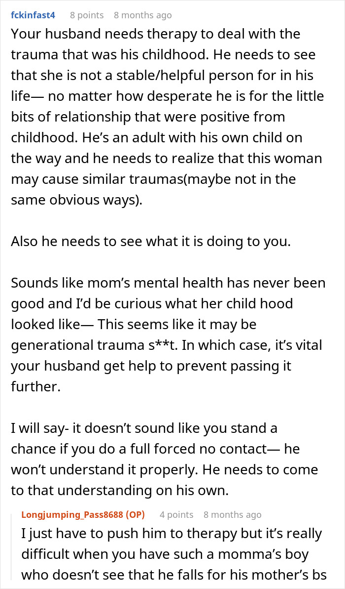 Commenter advises therapy for husband struggling with generational trauma and mother&rsquo;s mental health in difficult family dynamics.