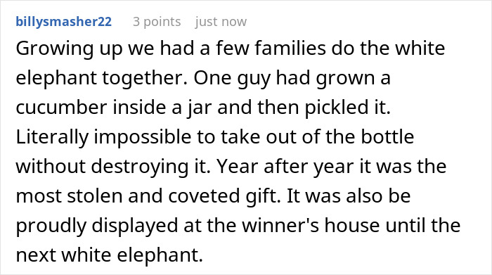 Reddit comment about a white elephant gift, featuring a pickled cucumber inside a jar that became a highly coveted and stolen item.