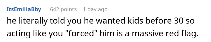 Comment about man wanting kids before 30 reacting negatively when girlfriend announces her pregnancy on social media.