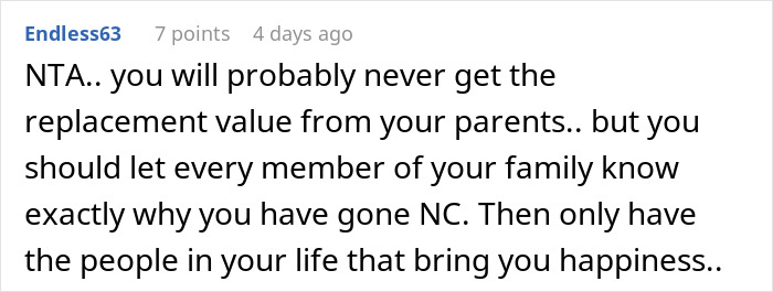 Screenshot of an online comment discussing a man cutting off parents after their revenge on his small wedding plans. Screenshot of an online comment discussing a man cutting off parents after their revenge on his small wedding plans.