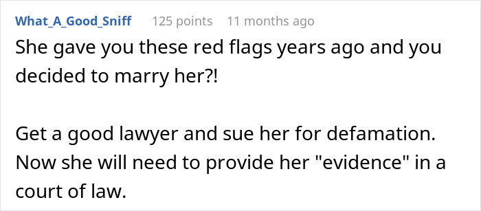 Comment discussing red flags in marriage and advice to sue for defamation after wife ruins husband&rsquo;s reputation.