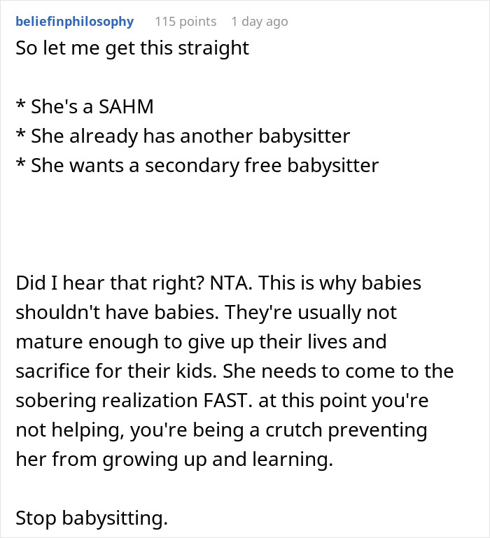 Text post discussing refusing to take care of granddaughter free, explaining why saying no is justified.