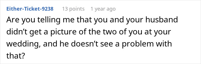 Screenshot of a Reddit comment discussing a son's wedding photo issue involving the bride and mother-in-law's white dress.