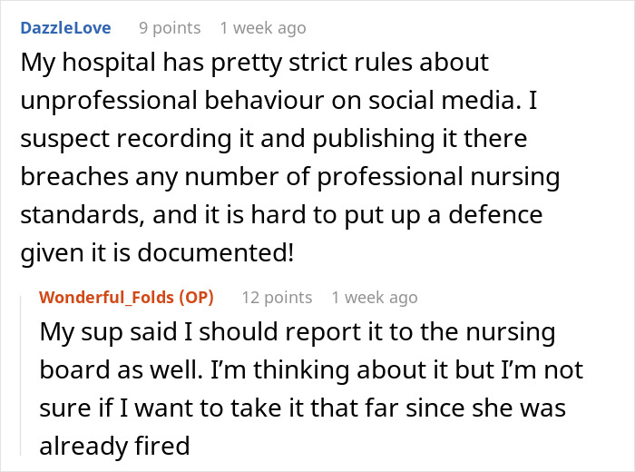 Text exchange discussing hospital rules on unprofessional social media behavior and consequences after coworker was fired. Text exchange discussing hospital rules on unprofessional social media behavior and consequences after coworker was fired.