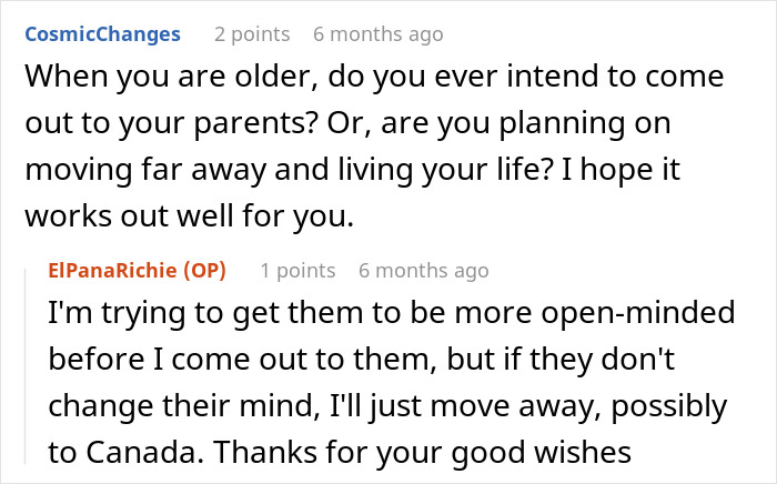Reddit conversation about a secretly gay teen navigating homophobic parents and planning to move away if needed.