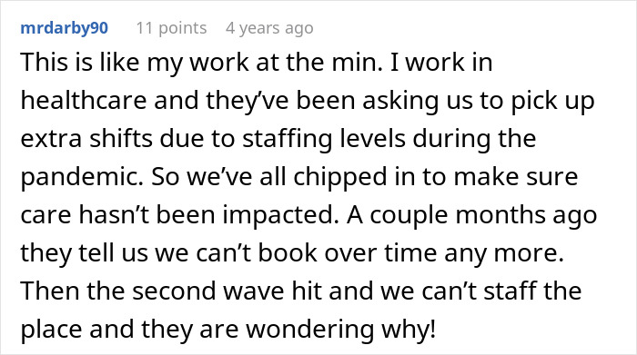 Comment discussing healthcare worker&rsquo;s experience with staffing issues and management rules, relating to coffee shop worker story.