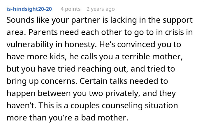Comment discussing a mom feeling unsupported by her partner and the need for couples counseling amid parenting challenges.
