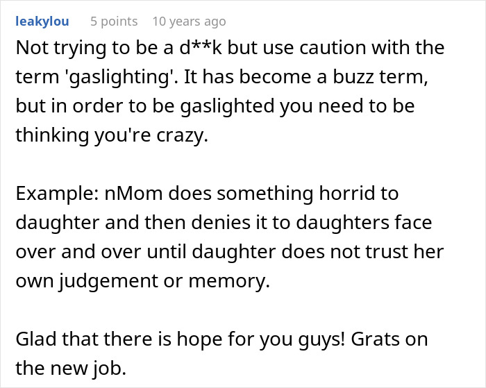 Text comment explaining gaslighting and trust issues in a relationship where deception causes confusion and doubt.