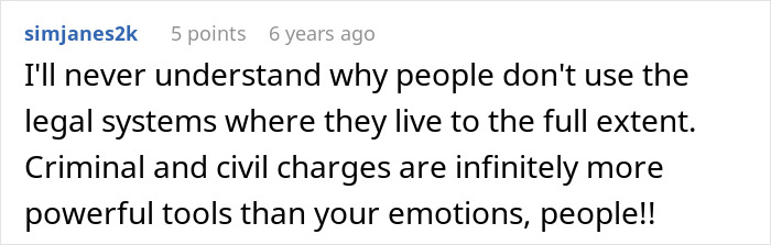 Comment text about legal systems and emotions, emphasizing power of criminal and civil charges over personal feelings.