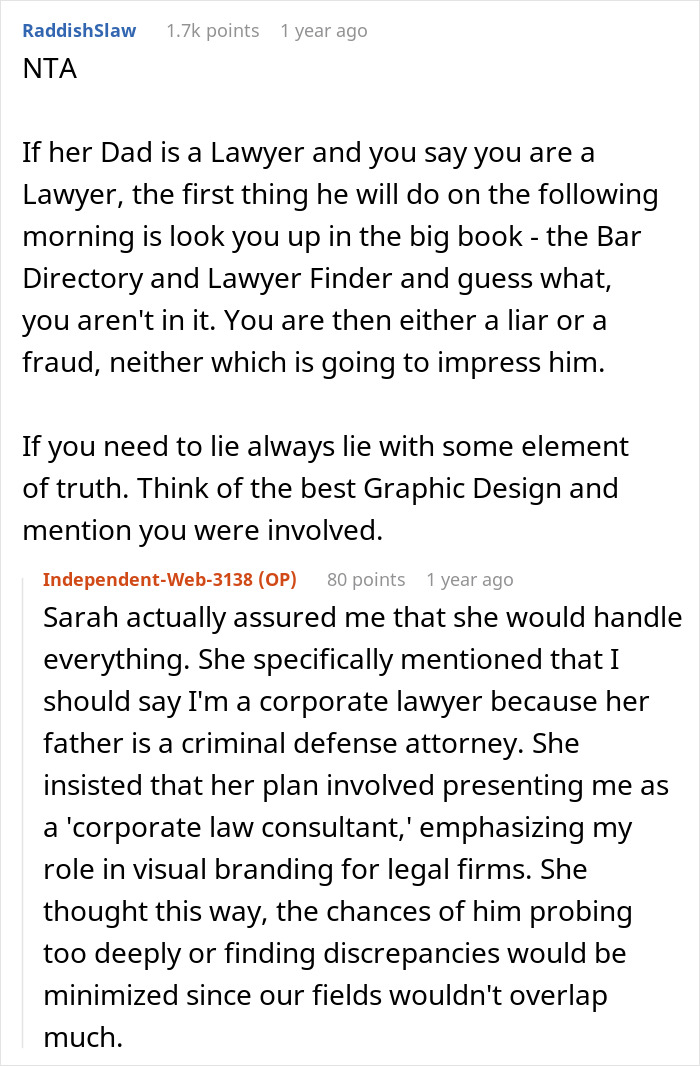 Screenshot of a Reddit conversation about a man pressured by his girlfriend to lie about his career in a relationship.