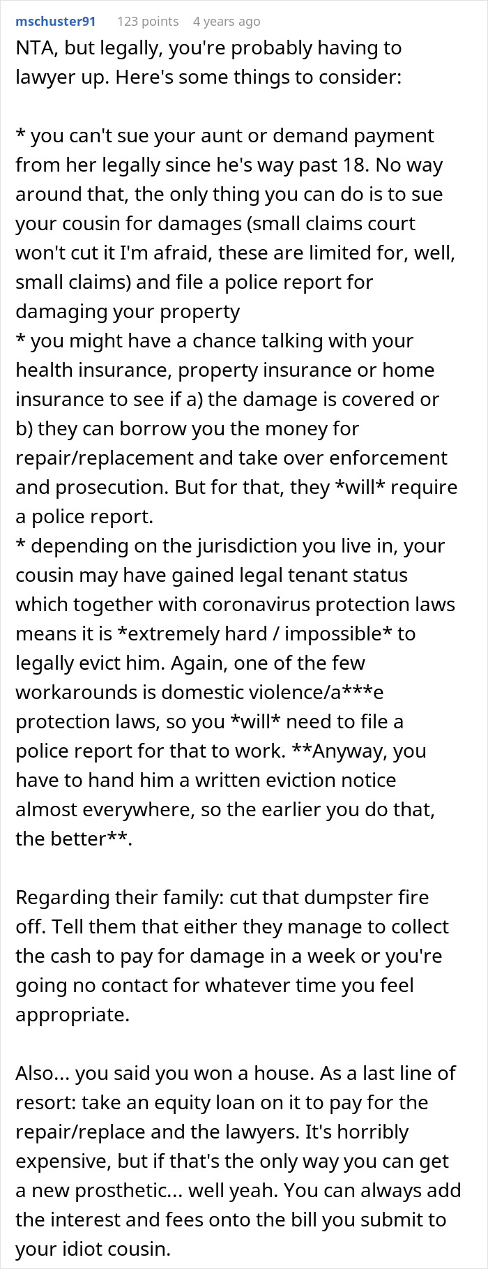 Screenshot of detailed Reddit advice discussing legal steps for a man demanding cousin pay for his cruel prank and aunt&rsquo;s shocking reaction.
