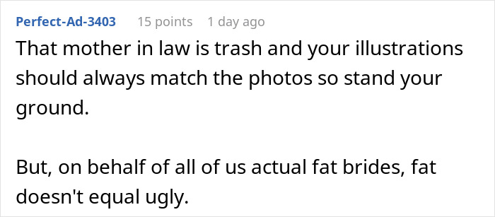 Comment criticizing mother-in-law's plan to make bride look ugly in wedding illustration, defending body positivity.