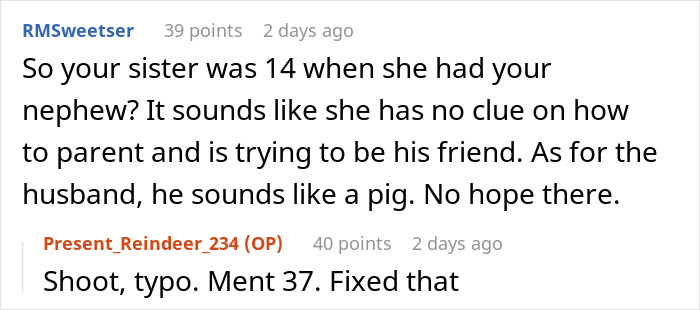 Reddit comment discussing entitled behavior of husband and son, sister’s parenting issues, and family conflict. Reddit comment discussing entitled behavior of husband and son, sister’s parenting issues, and family conflict.