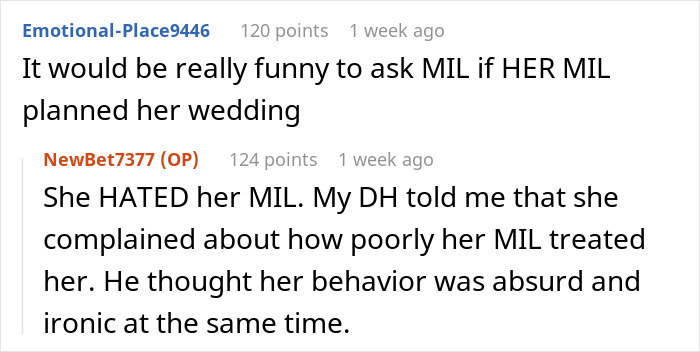 Screenshot of a conversation about a mother-in-law demanding wedding venue changes and causing a storm.