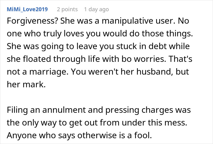 Comment discussing a marriage falling apart due to wife treating husband like an ATM machine with no shame.