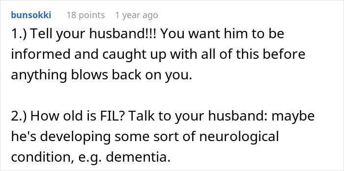 Screenshot of a Reddit comment advising a woman shocked by FIL&rsquo;s unexpected love confession and feeling lost after his request for secrecy.