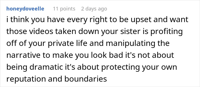 Screenshot of a social media comment about a woman upset her sister lied to build TikTok fame using her private life.