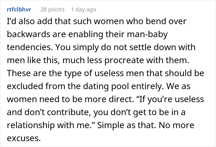 Alt text: Comment discussing patterns men in relationships follow and emphasizing the need for women to be more direct about standards.