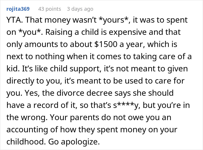 Comment discussing teen's $30k money confusion and mom's vague answers amid online criticism of ingratitude.