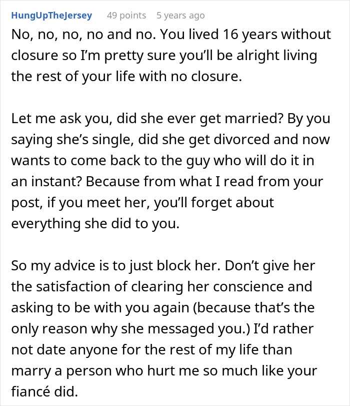 Commenter giving advice to man left without closure after fiancé disappears, advising to block her and move on.