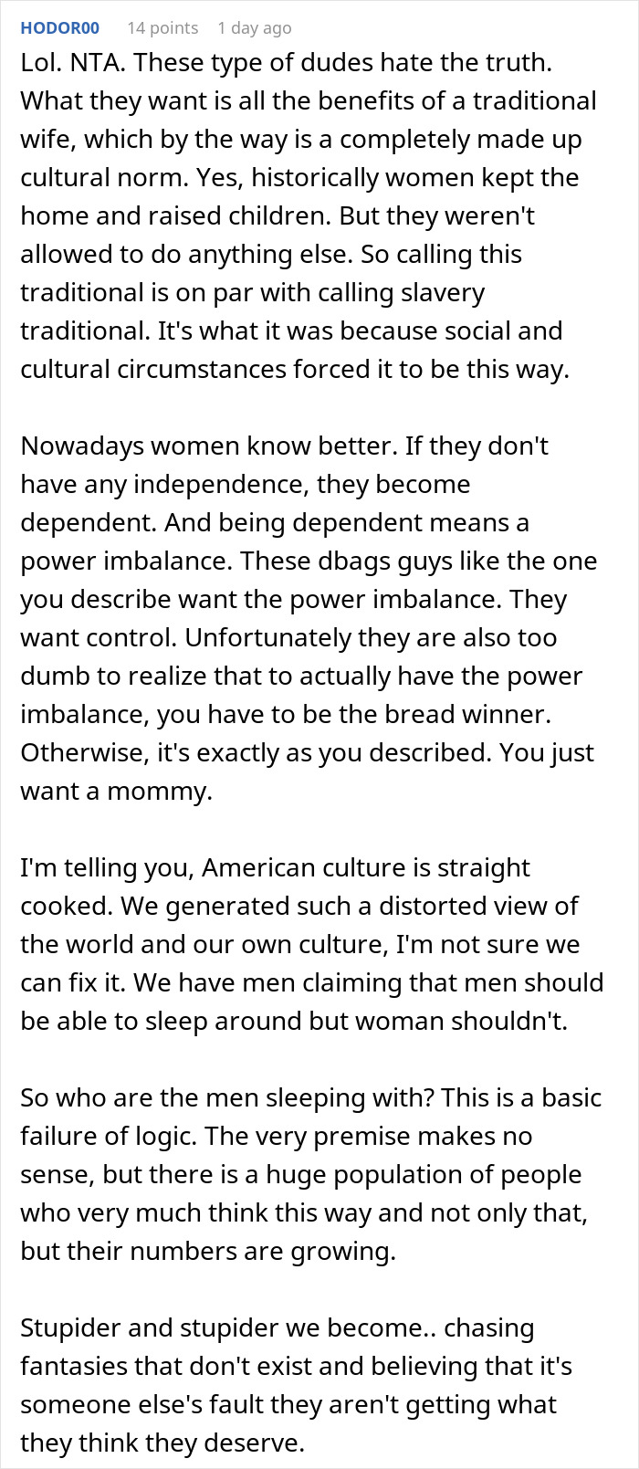 Commenter discussing toxic man venting about traditional wives and flawed logic in a detailed text post.
