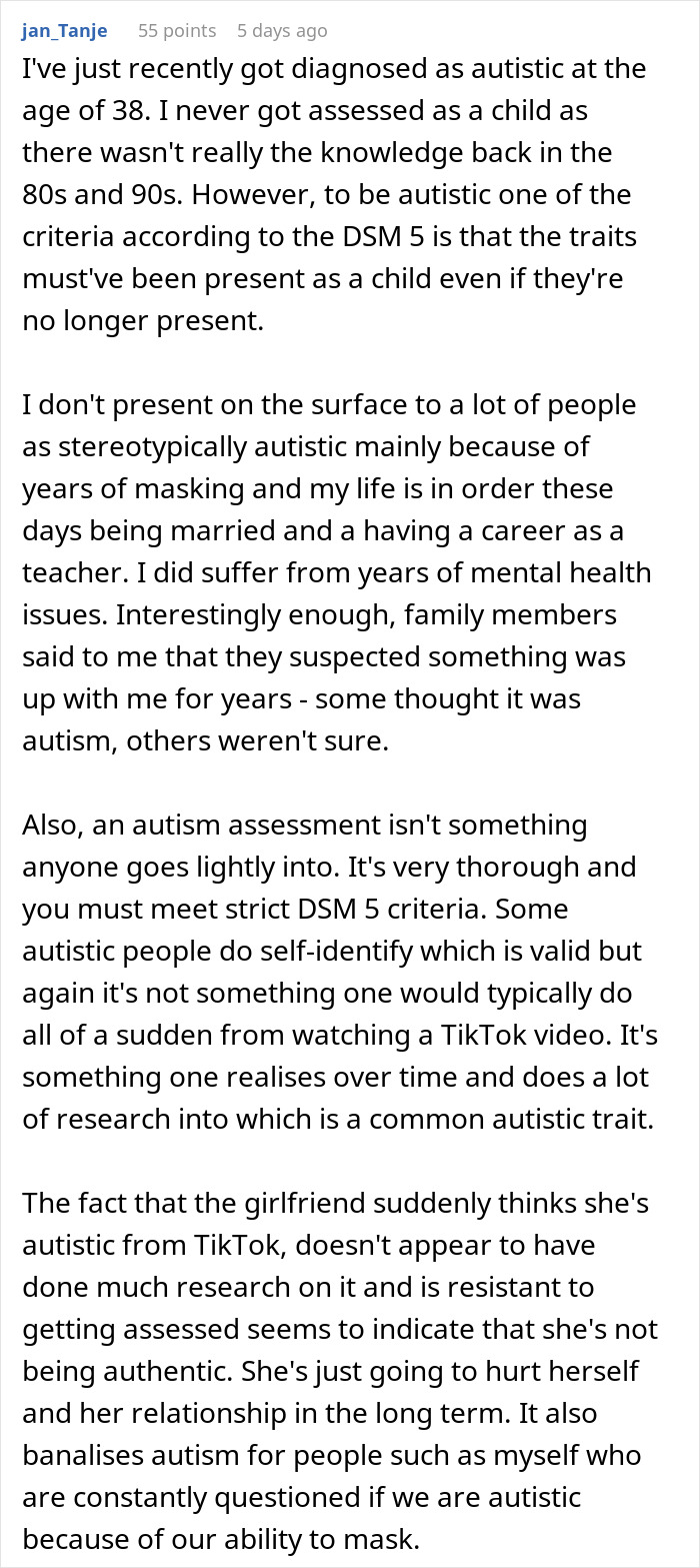 Screenshot of a forum post discussing self-diagnosed autism and relationship challenges involving autistic behavior excuses.