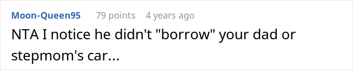 Screenshot of a Reddit comment discussing a family dispute over a half-brother stealing a car and the woman&rsquo;s reaction.