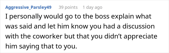 Comment suggesting reporting a coworker for telling her to stay home and birth babies, showing conflict about the behavior. Comment suggesting reporting a coworker for telling her to stay home and birth babies, showing conflict about the behavior.