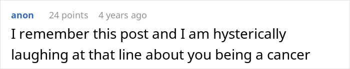 Screenshot of an anonymous comment laughing about a Cancer zodiac sign reference in a cheating and astrology story.