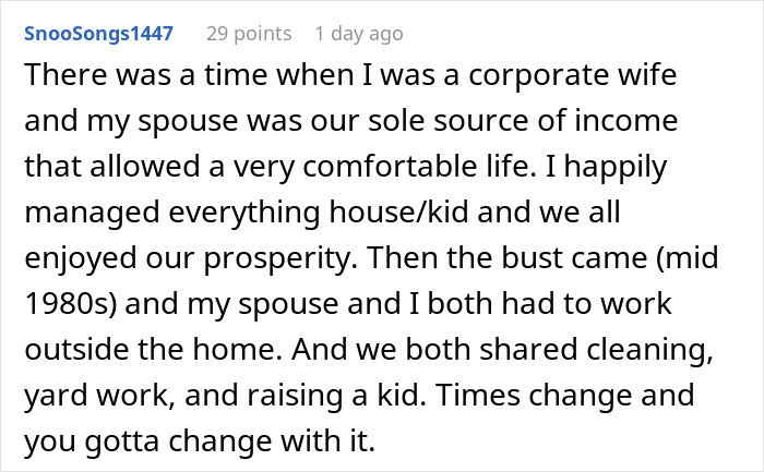 Comment discussing traditional wives and changing roles in marriage, highlighting a toxic man&rsquo;s vent about logic flaws.