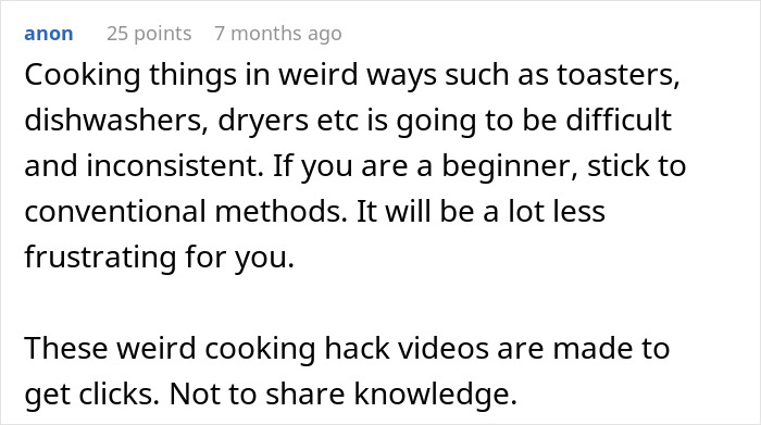 Comment discussing confusion and frustration over cooking food in dishwashers and other unconventional methods.