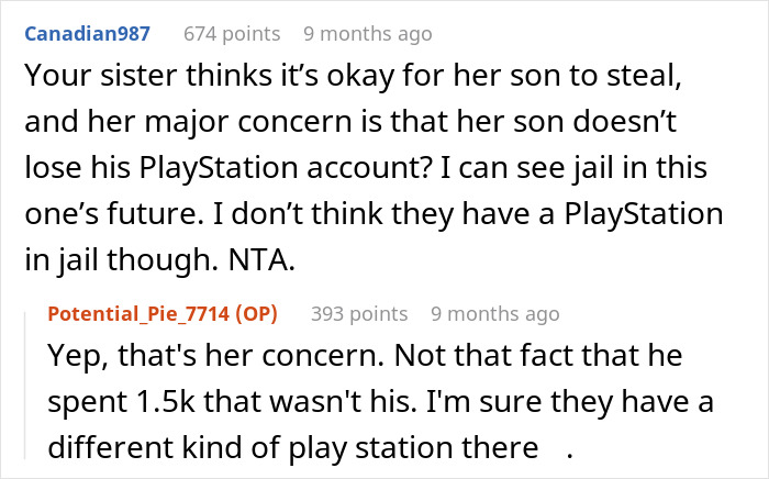 Screenshot of a Reddit conversation about an entitled nephew who used a credit card for games and received karma. Screenshot of a Reddit conversation about an entitled nephew who used a credit card for games and received karma.
