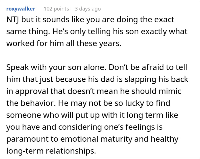 Comment excerpt discussing dad giving teen son dating advice from 1955 and wife calling time-out on the lesson.