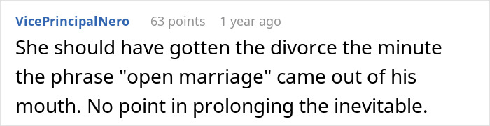Screenshot of an online comment about a man pushing for open marriage and struggling with insecurity and challenges. Screenshot of an online comment about a man pushing for open marriage and struggling with insecurity and challenges.