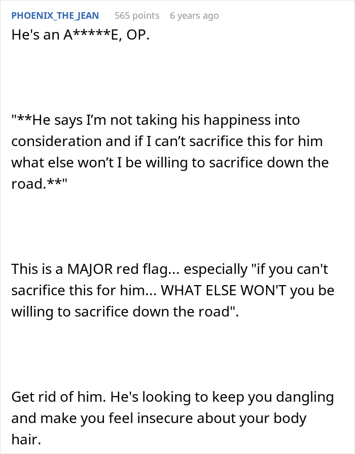 Online commentary criticizing boyfriend demanding girlfriend to laser all body hair, highlighting red flags and emotional manipulation.