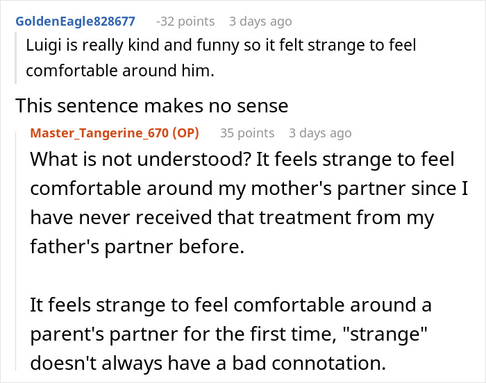 Reddit conversation where a teen explains feeling strange but comfortable around stepmother&rsquo;s partner for the first time.