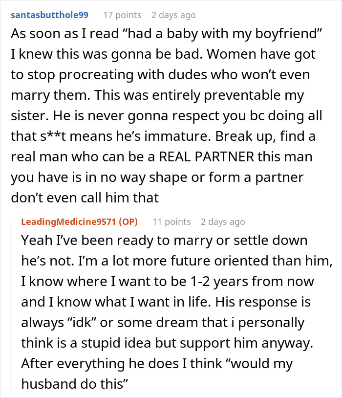 Online discussion about a woman rethinking her relationship after her boyfriend abandons her and newborn to party for hours.