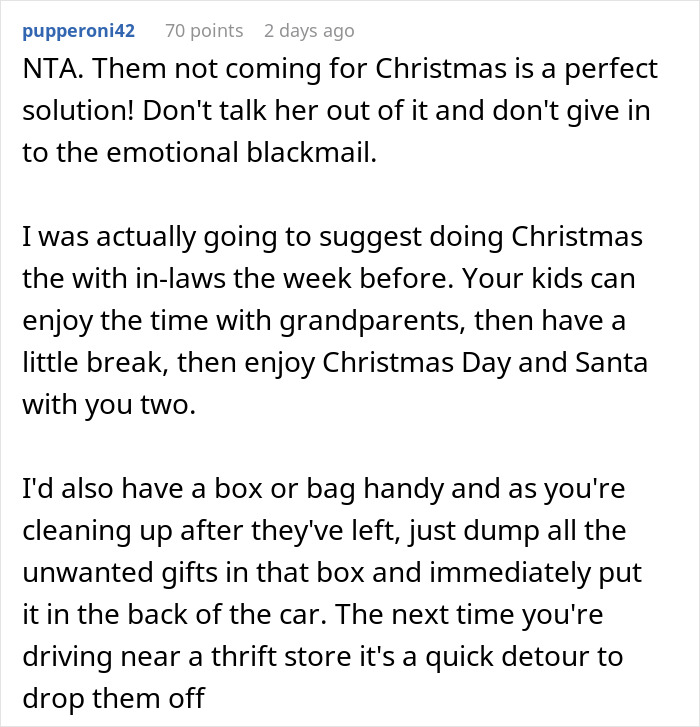 Comment suggesting blocking grandma&rsquo;s weird Christmas gift competition with Santa to avoid emotional blackmail.