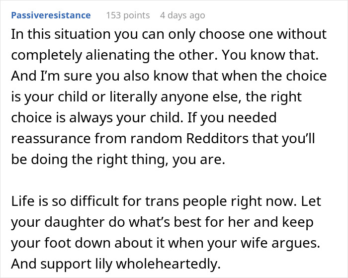 Reddit comment advising support for trans child as wife goes full transphobic, husband feels family is imploding. Reddit comment advising support for trans child as wife goes full transphobic, husband feels family is imploding.