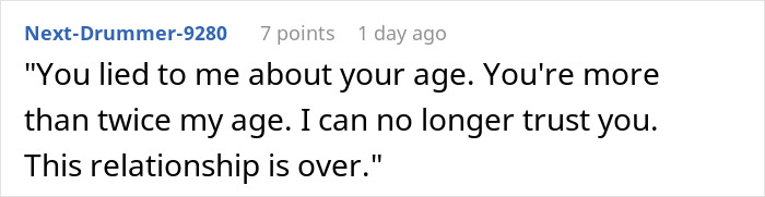 Screenshot of online comment discussing a 50YO guy lying about his age to his 22YO girlfriend, ending the relationship.