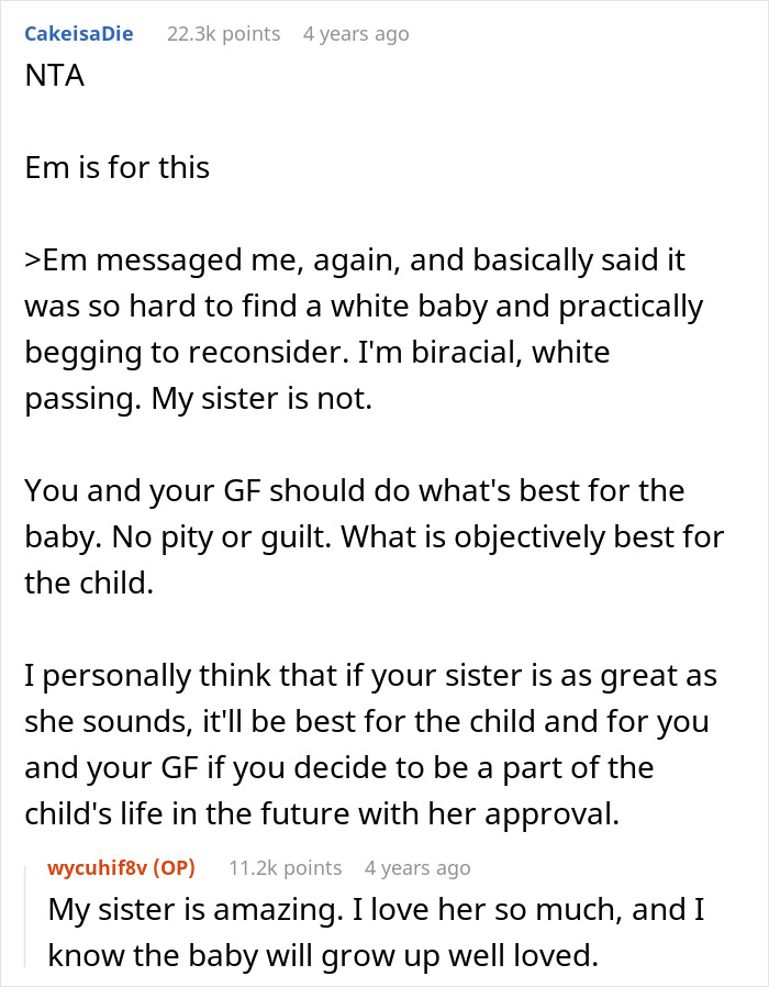 Reddit comments discussing a woman's desire for a white baby and the decision to have her sister adopt instead.