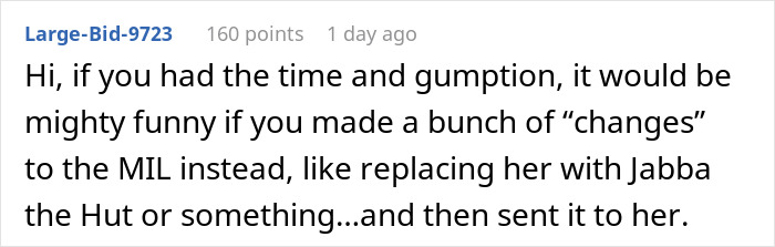 Comment suggesting to humorously alter the MIL's wedding illustration by making her look like Jabba the Hut.