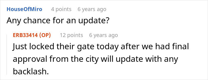 Commenter asking for update on Karen Petty fence revenge, original poster replies about gate locked after city approval.