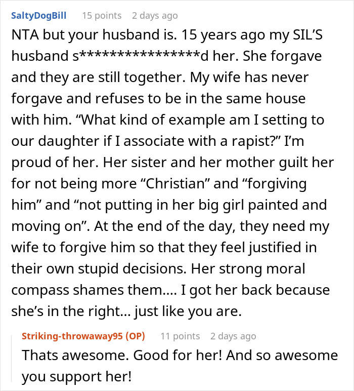 Reddit comment discussing a woman banning her MIL&rsquo;s creepy husband, causing her marriage to fall apart.