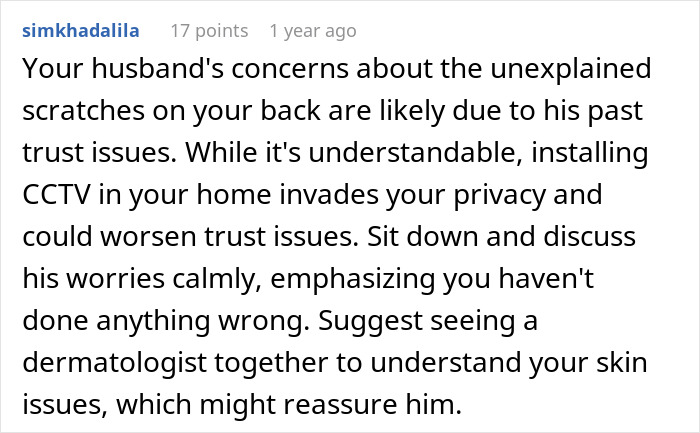 Comment discussing unexplained scratches on wife's back and husband's trust issues with installing CCTV at home.